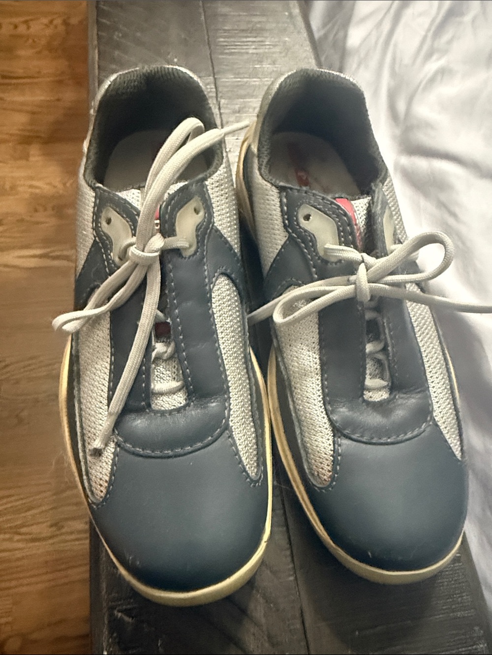 Prada Navy and White Low-Top Lace-Up Sneakers